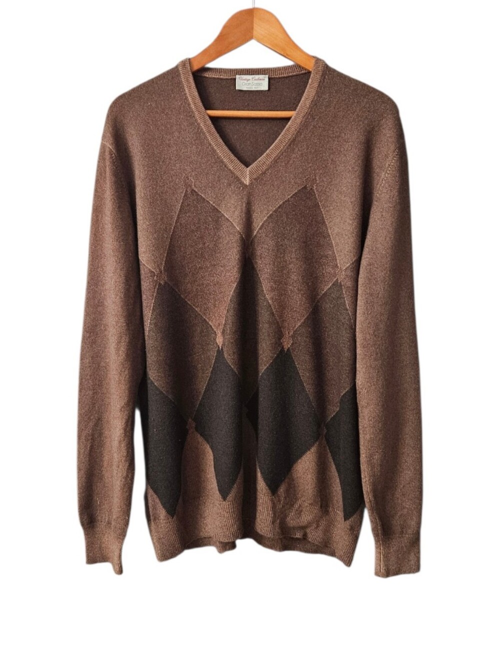 Gran Sasso Cashmere V-Neck Argyle Sweater Made in Italy Men's IT 56